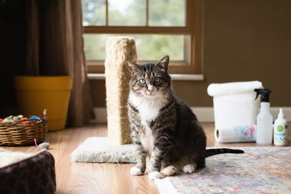 一只蹲在卧室地摊上的宠物猫