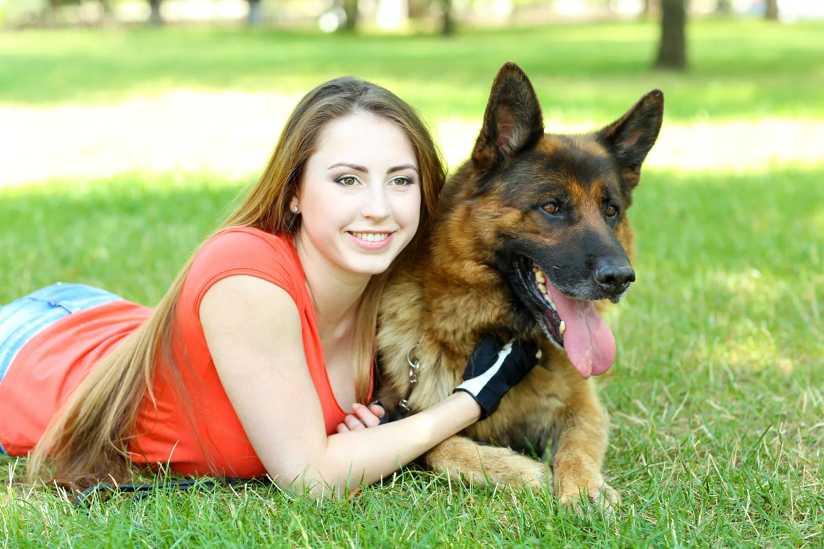 女人依偎在她的牧羊犬身上
