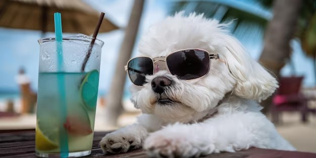 正在喝水的比熊犬
