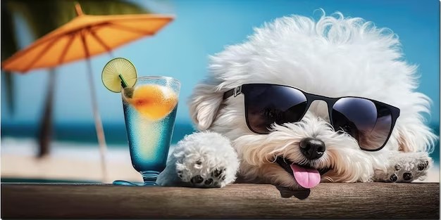 享受阳光与饮料的比熊犬