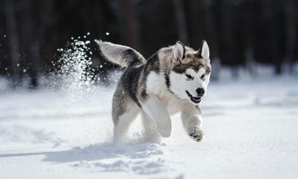 在雪地里奔跑的哈士奇